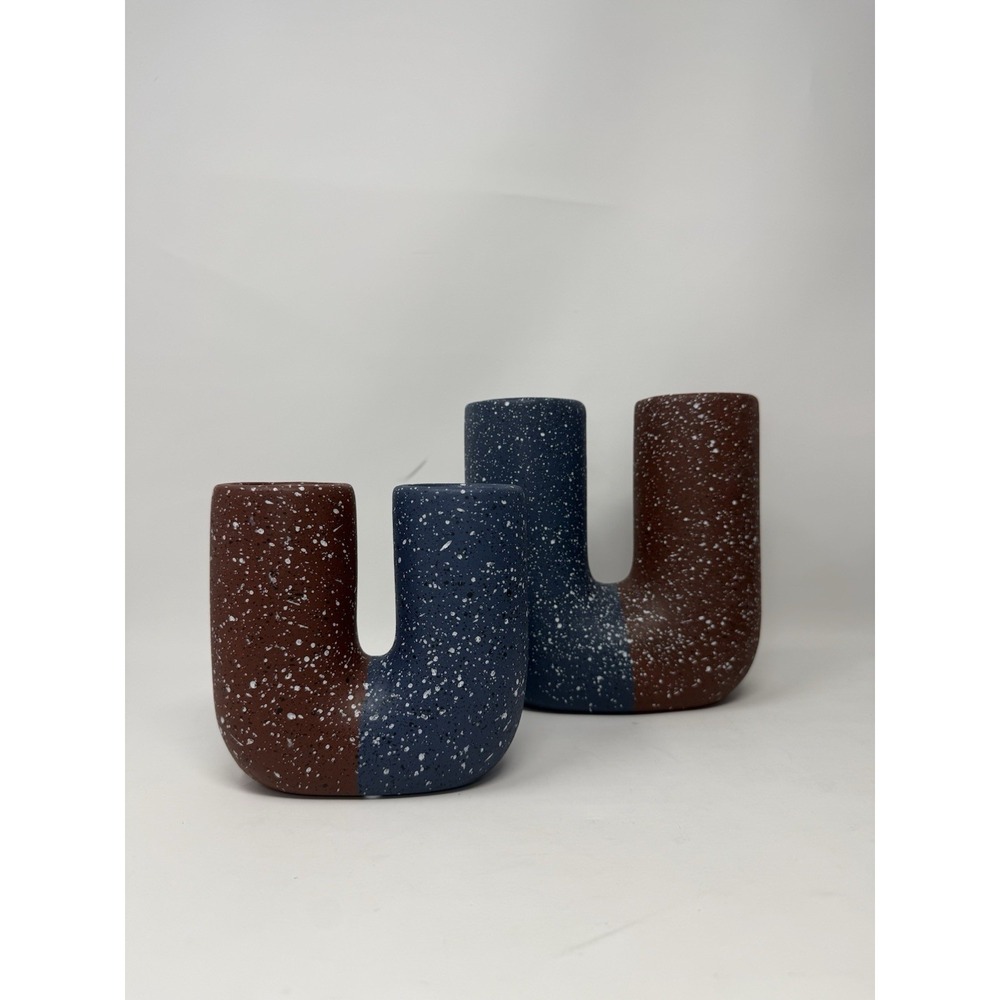 Jonathan Adler X Michaels Ceramic Double Tube Vase Blue Brown Set Of 2 New